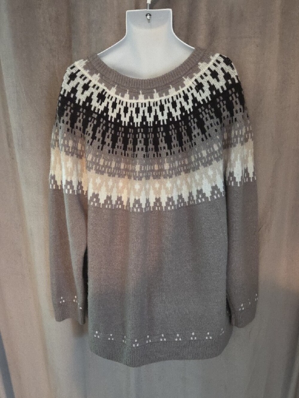 Warehouse One 4X Taupe Crewneck Sweater with Ivory and Black Yoke - Picture 2 of 4